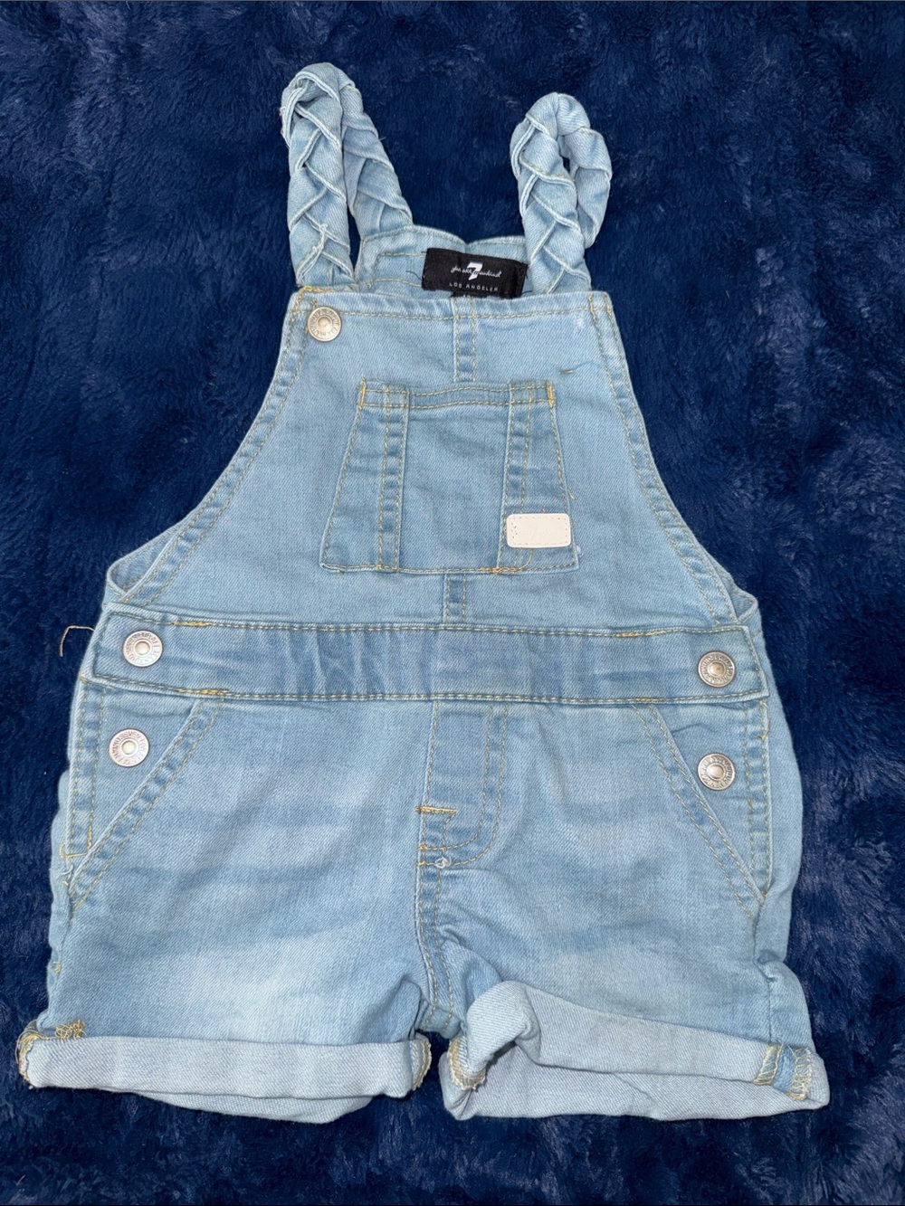 12m 7 for all mankind Light Blue Denim Kids Short Overalls braided straps girls